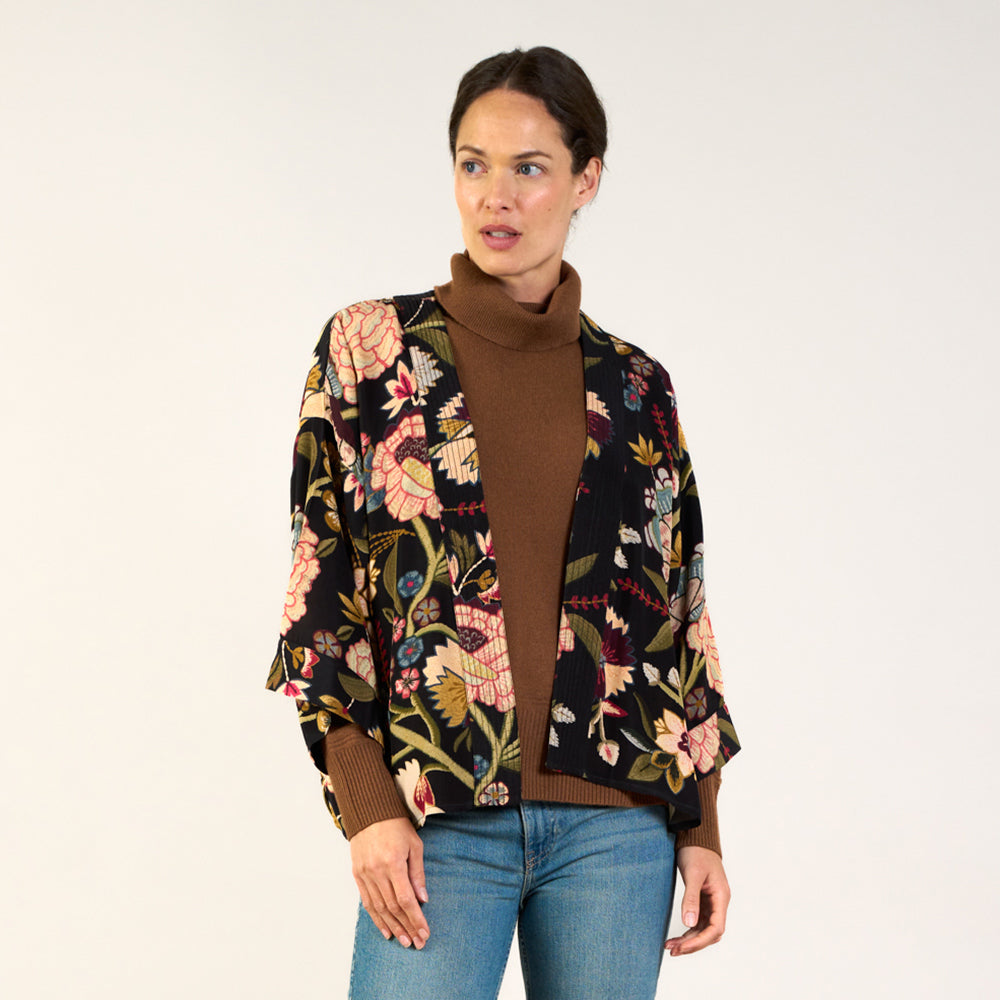 colourful floral print on black base short kimono jacket, made by one hundred stars