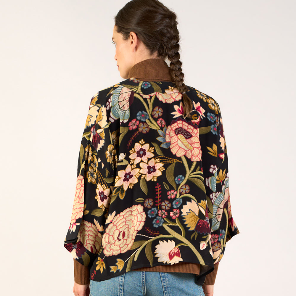 colourful floral print on black base short kimono jacket, made by one hundred stars