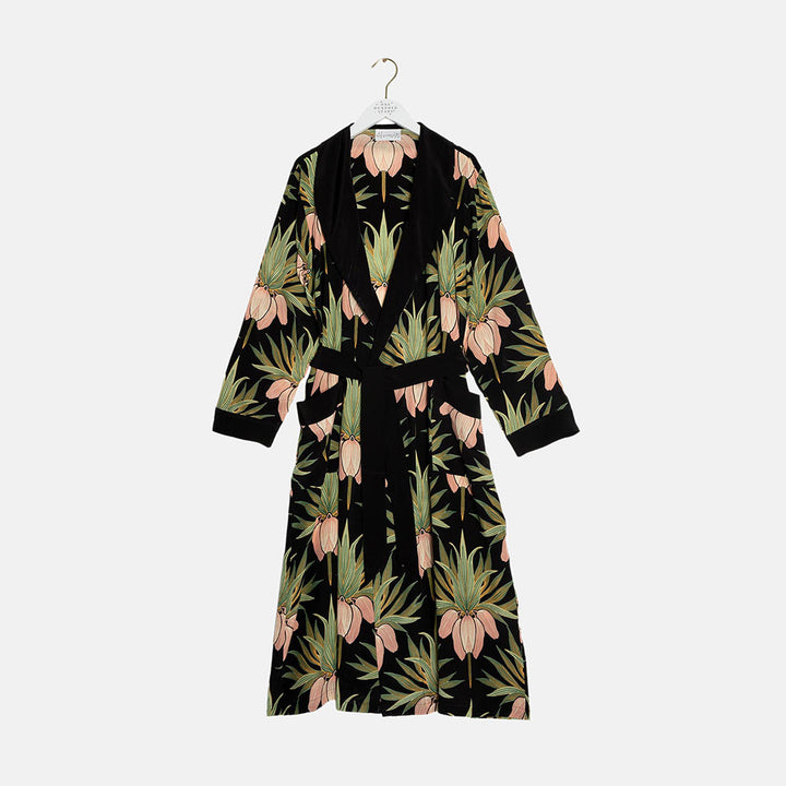 black lightweight dressing gown with art deco style pink lowers and green foliage print