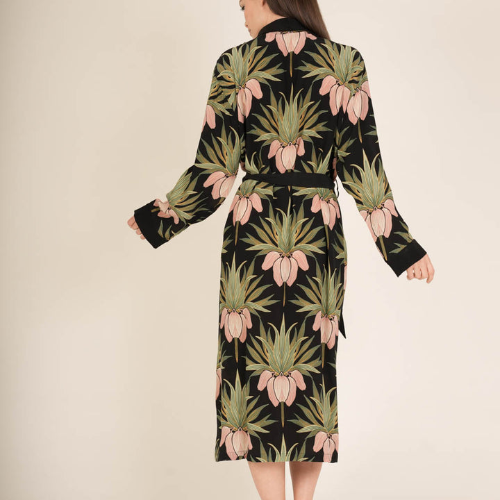 black lightweight dressing gown with art deco style pink lowers and green foliage print