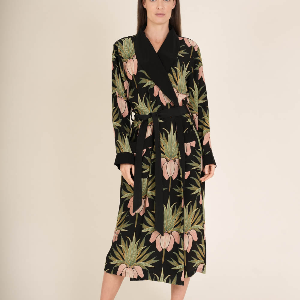 black lightweight dressing gown with art deco style pink lowers and green foliage print