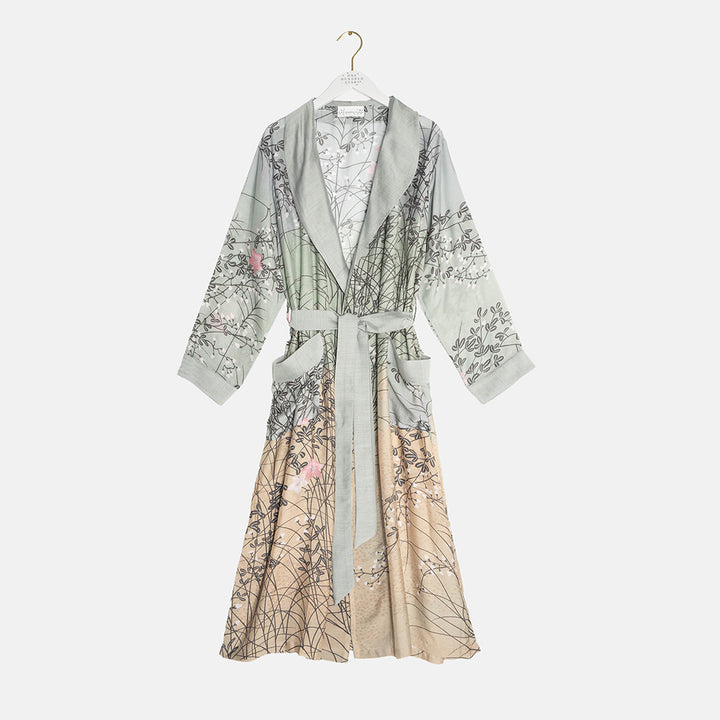 grey & beige lightweight dressing gown with sand dune and japanese bellflower print, made by 100 Stars