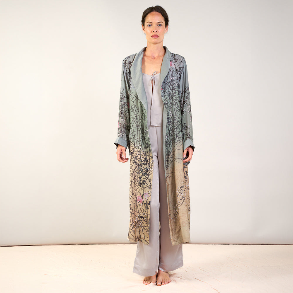 grey & beige lightweight dressing gown with sand dune and japanese bellflower print, made by 100 Stars