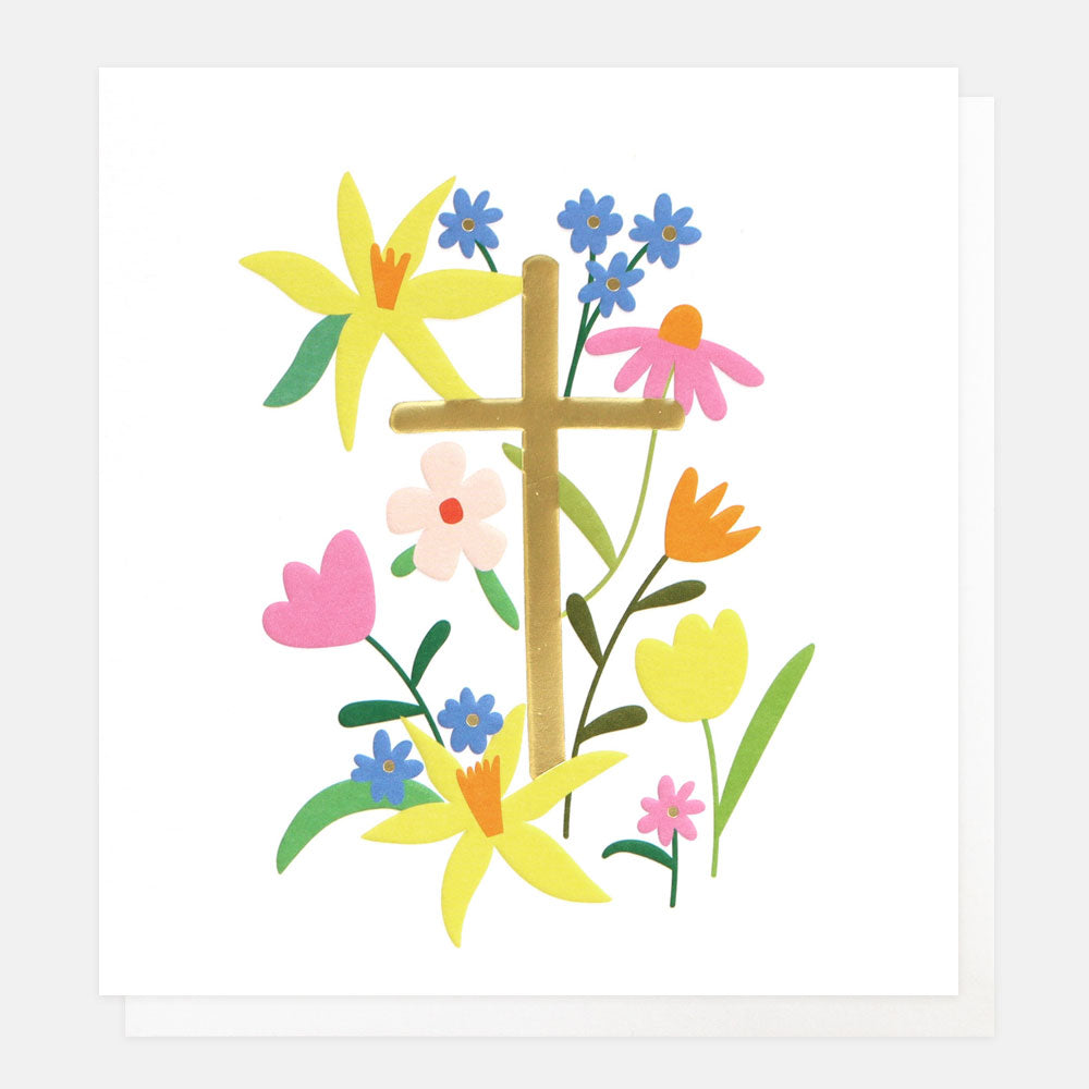 bright colourful flowers and gold cross card for easter, christening or first holy communion