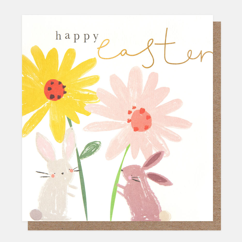 two rabbits holding bright flowers happy easter card