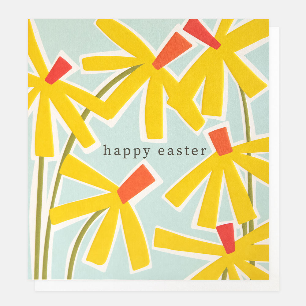 bright yellow daffodils on a light blue background happy easter card