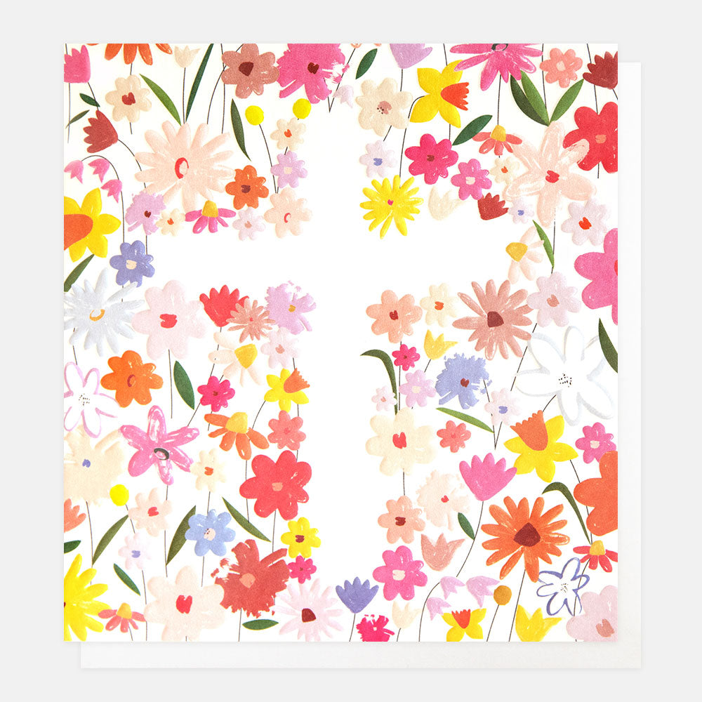 bright floral blooms with white cross in the middle card for Easter, christening, confirmation or first holy communion