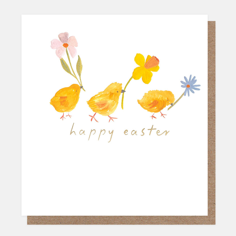 easter card featuring three yellow chicks holding flowers and the text happy easter in gold on a white background