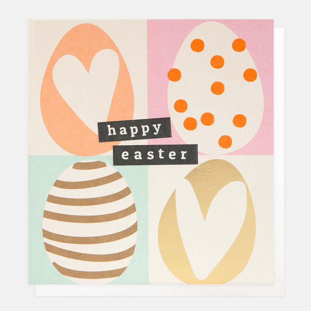 easter card featuring a grid of four eggs with colourful hearts, stripes and spots designs and the text 'happy easter'
