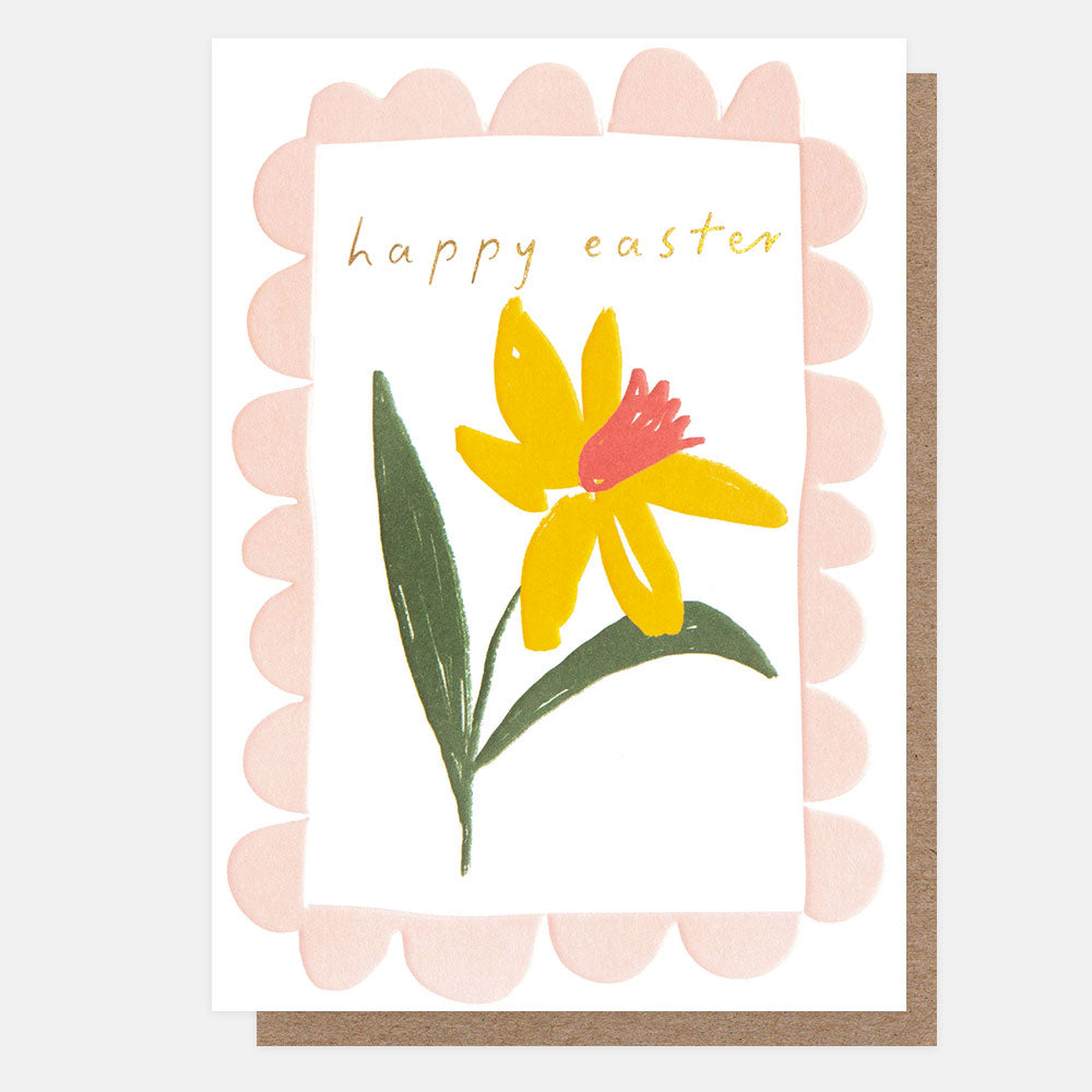 easter card featuring a yellow daffodil inside a pink scallop edged frame and the text happy easter in gold