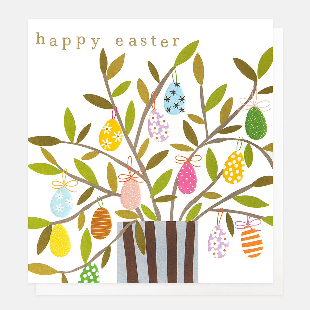 easter card featuring a potted plant with colourful easter eggs hung from the branches and the text happy easter in gld