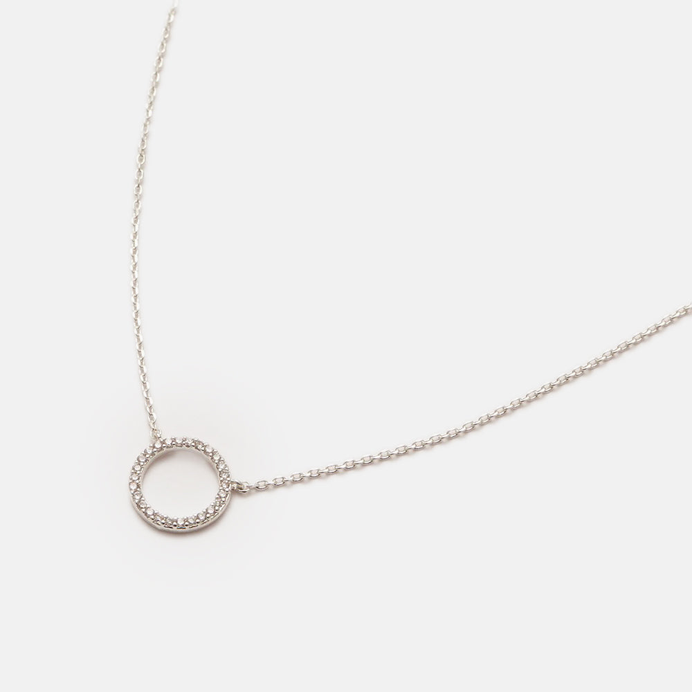 silver plated link necklace with cubic zirconia circle charm, made by Estella Bartlett