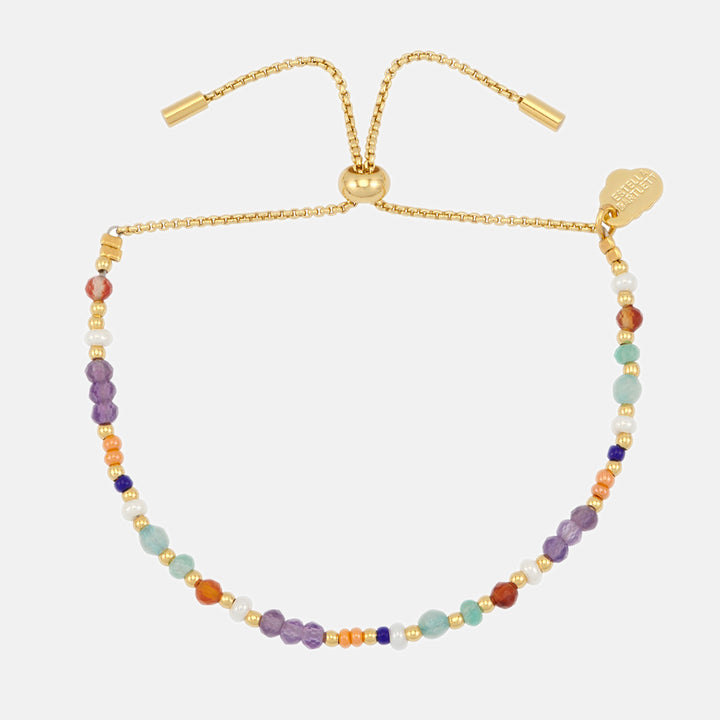 gold plated slider bracelet with multicoloured mini gemstone beads, made by Estella Bartlett