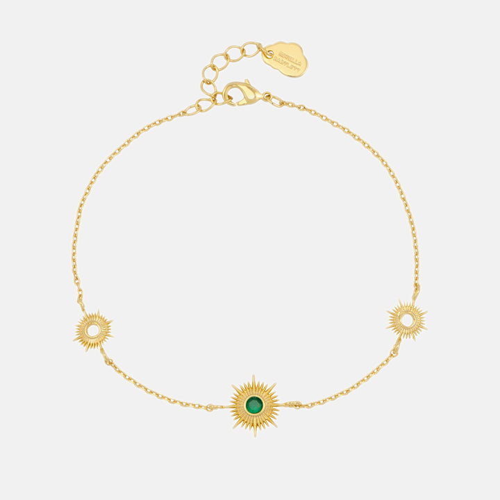 gold plated bracelet with golden sunbursts and green cubic zirconia, made by Estella Bartlett