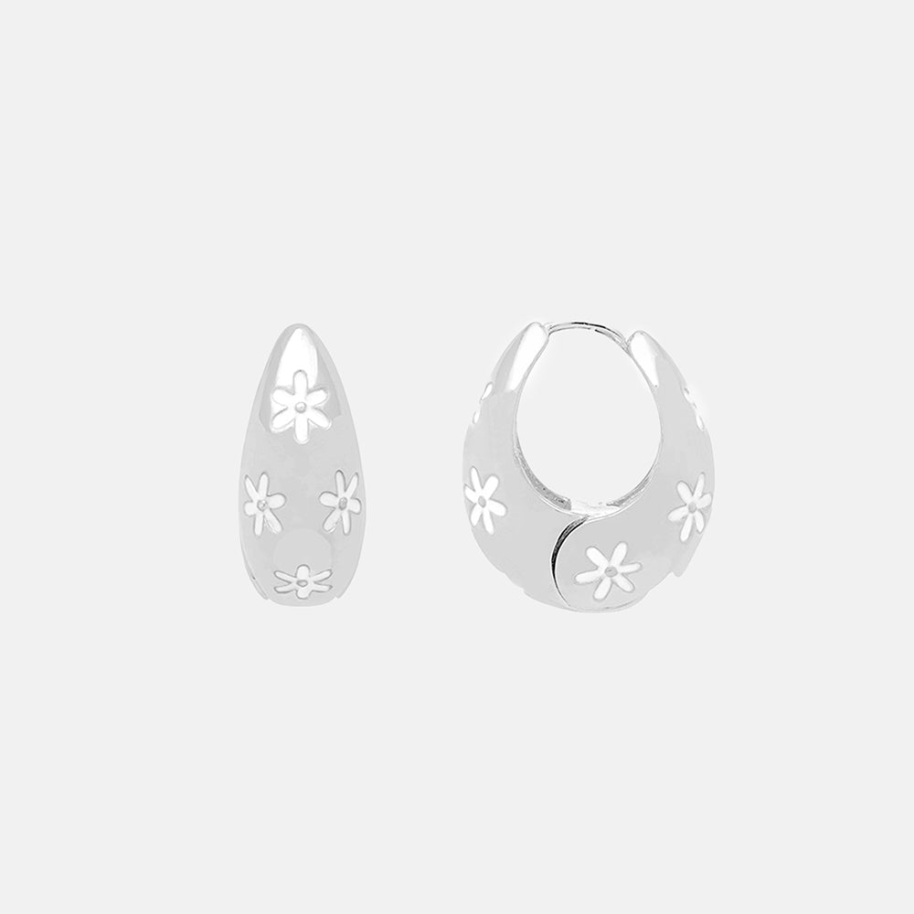 Silver Flower Chunky Hinge Hoop Earrings
