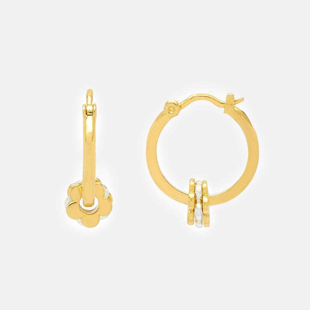 gold plated thin hoop earrings with 3 flower charms