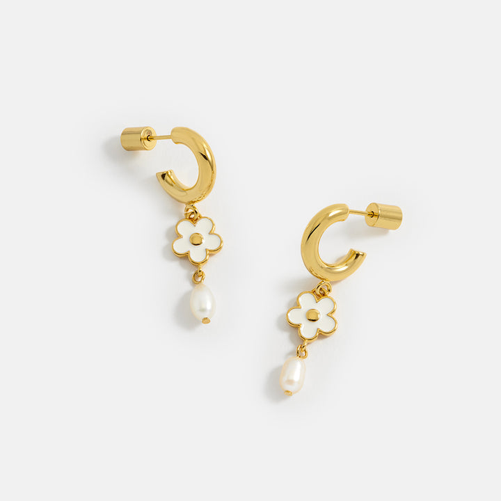 Gold, Enamel & Pearl Flower Hoop Earrings