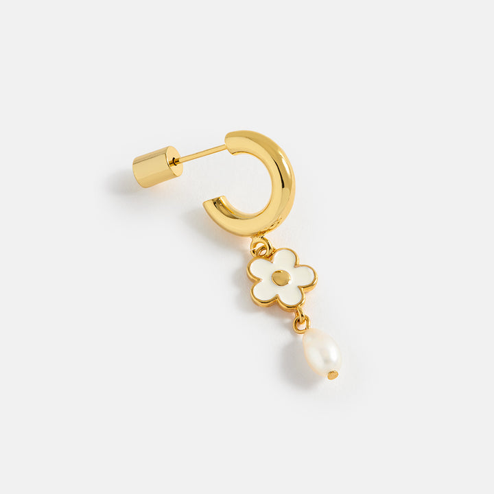 Gold, Enamel & Pearl Flower Hoop Earrings