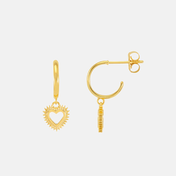 gold plated heart burst drop hoop earrings, made by Estella Bartlett