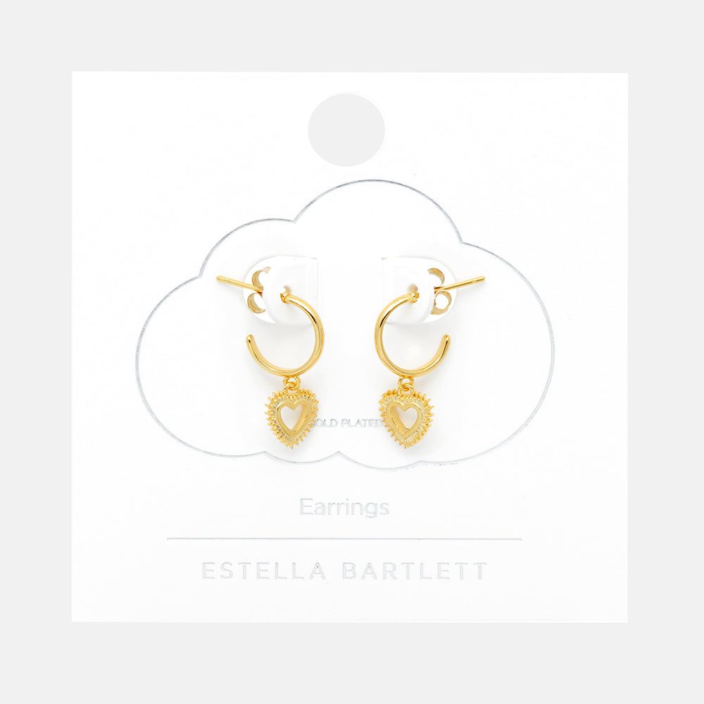 gold plated heart burst drop hoop earrings, made by Estella Bartlett