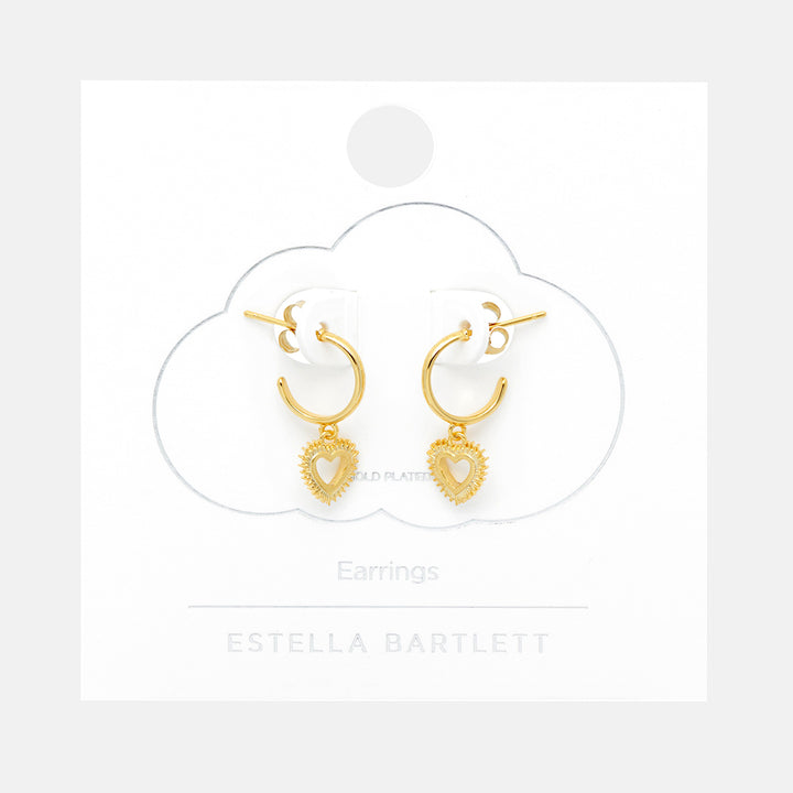 gold plated heart burst drop hoop earrings, made by Estella Bartlett