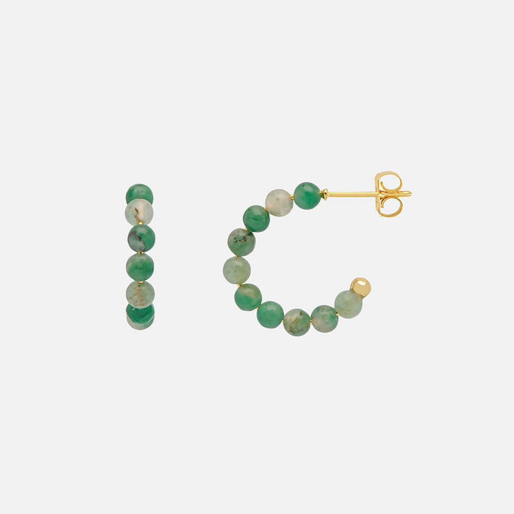 green agate gemstone hoop earrings with gold metalwork, made by Estella Bartlett