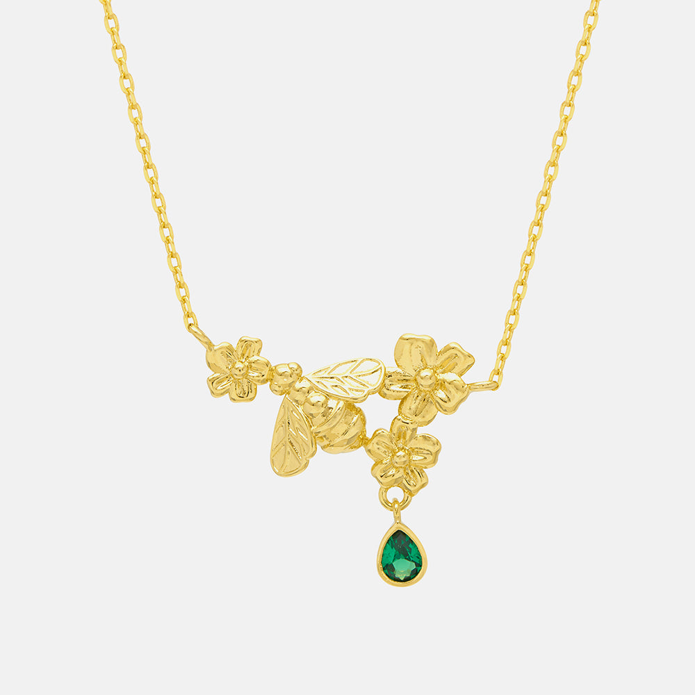Gold Floral Bee Green Droplet Necklace