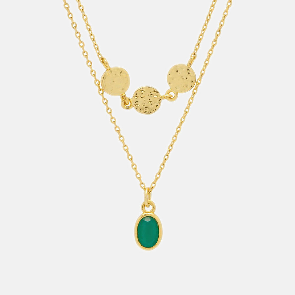 gold plated duo necklace with three hammered discs and green onyx stone charm, made by Estella Bartlett