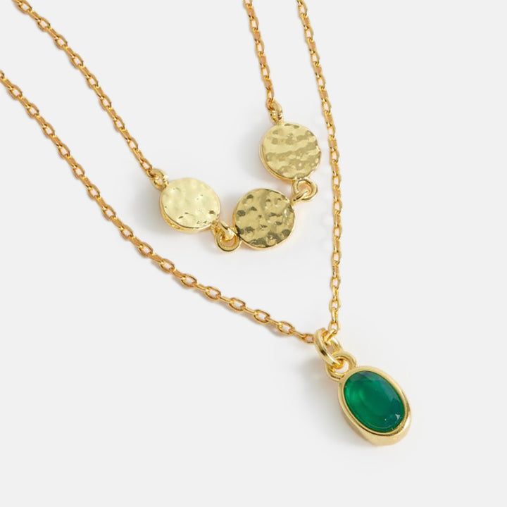 gold plated duo necklace with three hammered discs and green onyx stone charm, made by Estella Bartlett