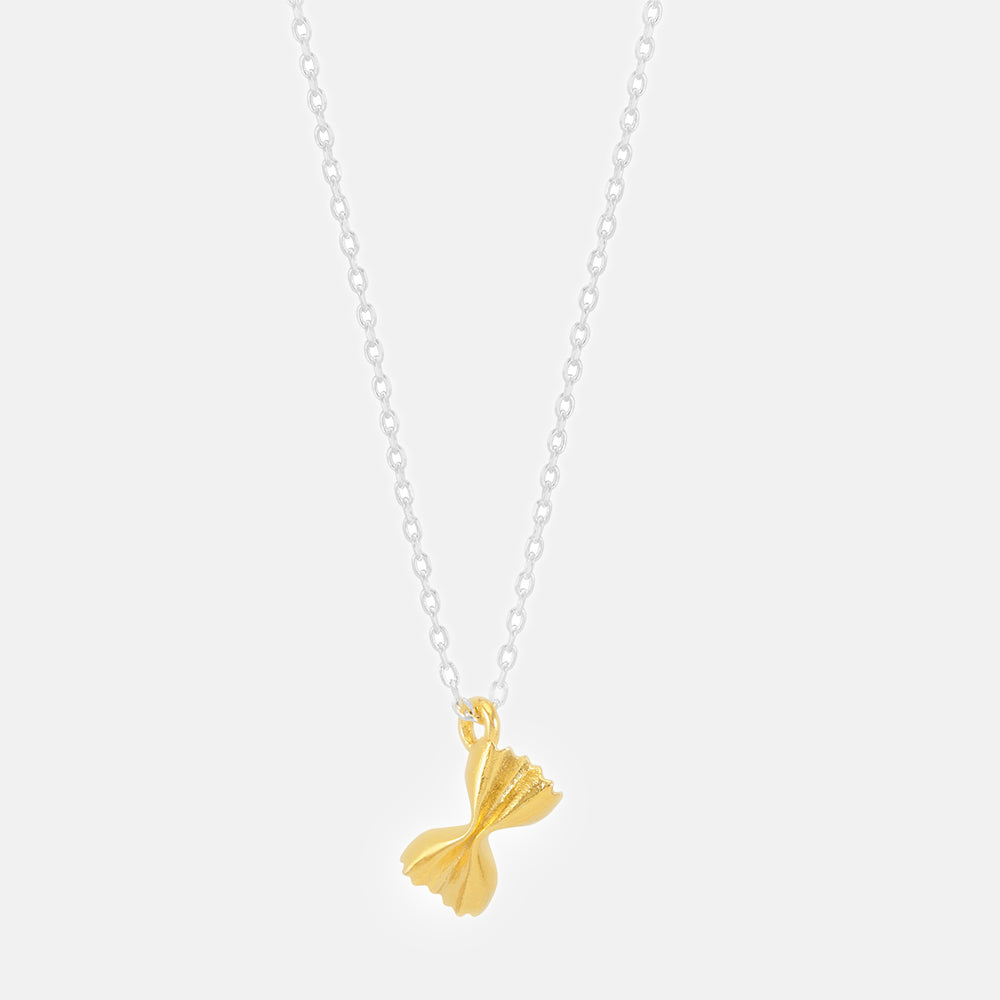 gold plated farfalle pasta pendant on silver plated chain necklace, made by Estella Bartlett