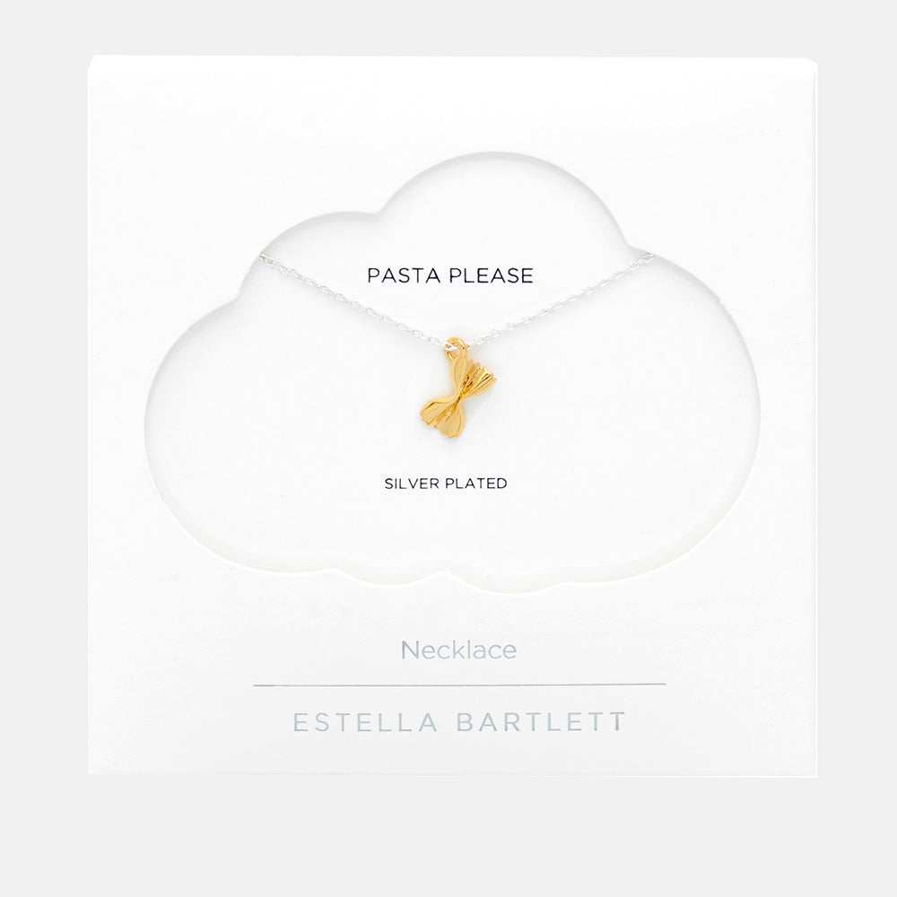 gold plated farfalle pasta pendant on silver plated chain necklace, made by Estella Bartlett