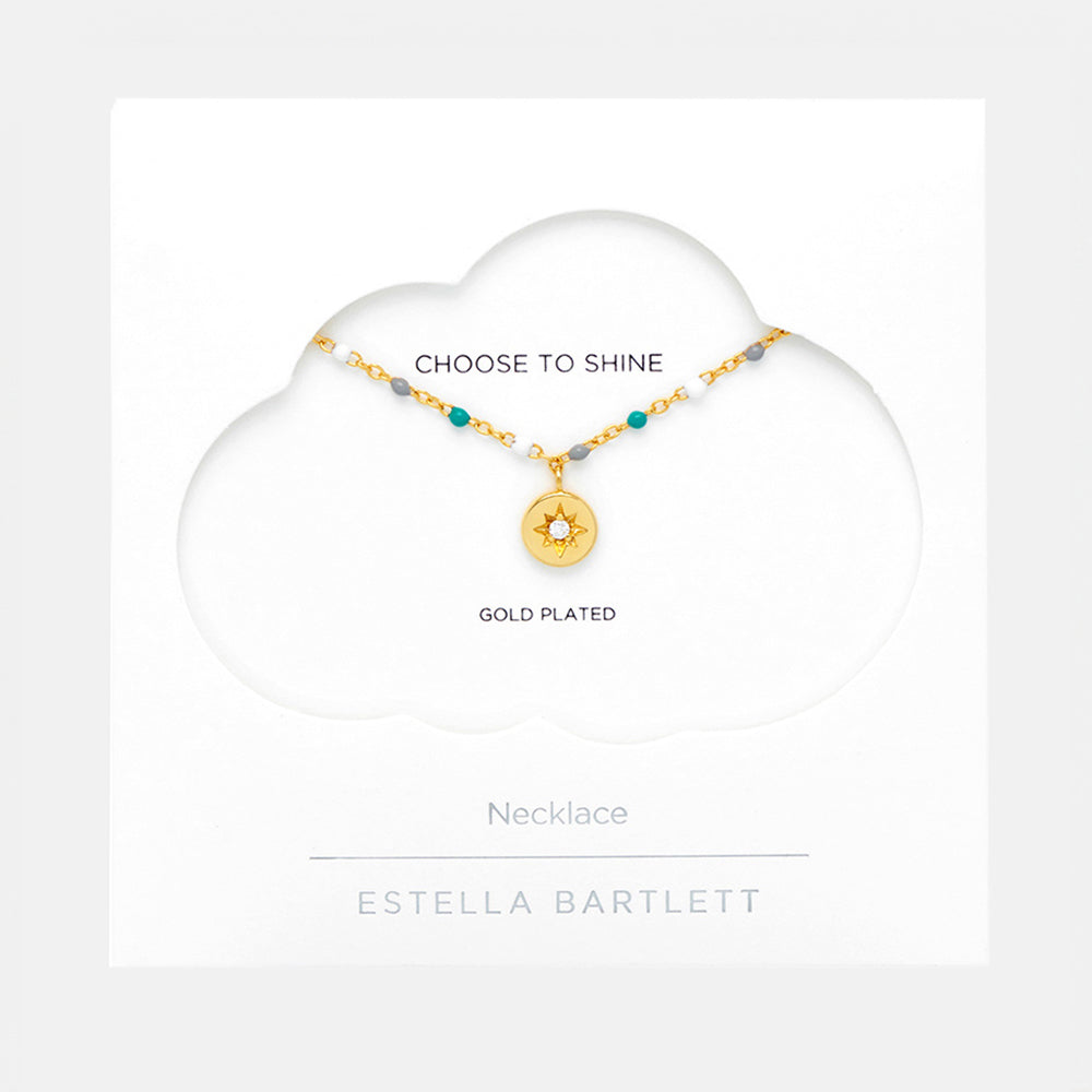 gold plated necklace with coloured enamel beads and disc pendant set with cubic zirconia, made by Estella Bartlett