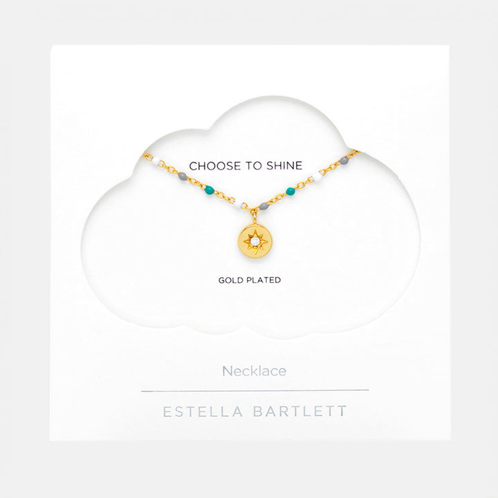 gold plated necklace with coloured enamel beads and disc pendant set with cubic zirconia, made by Estella Bartlett