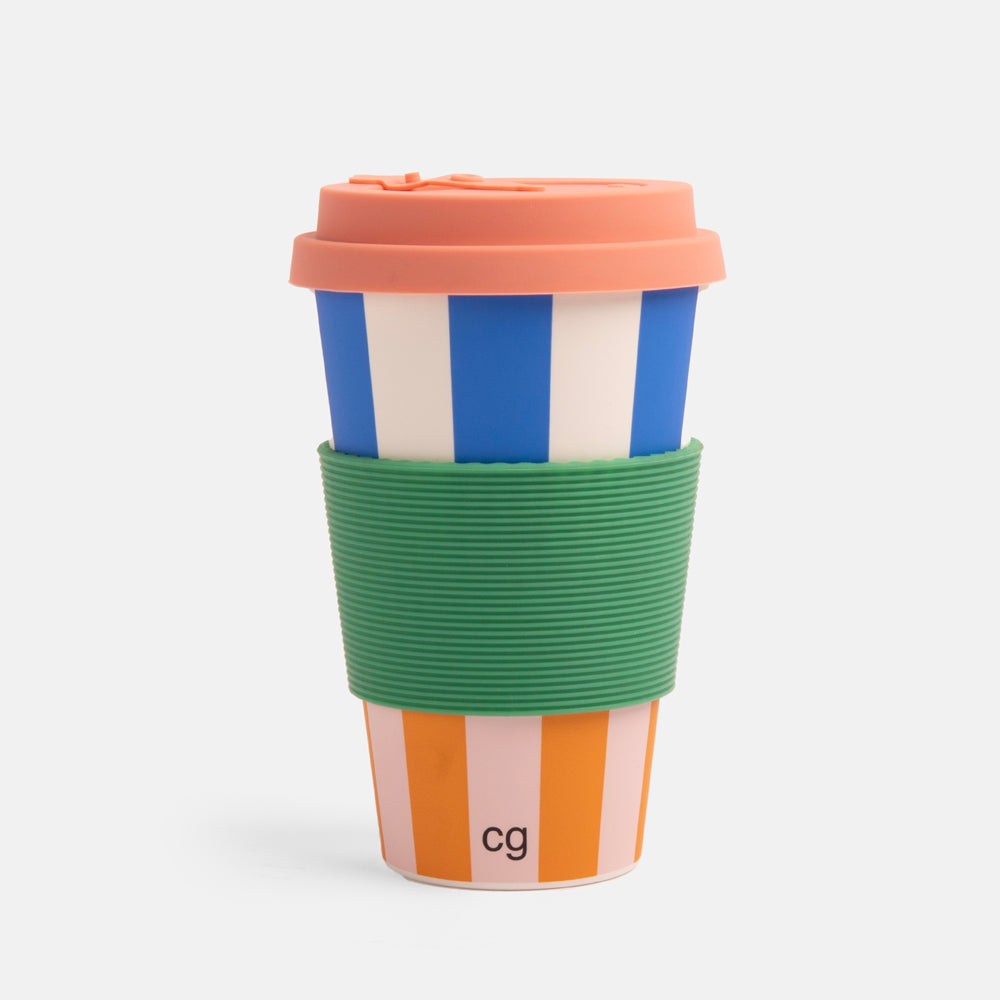 multi coloured stripes travel mug coffee cup with heat resistant band