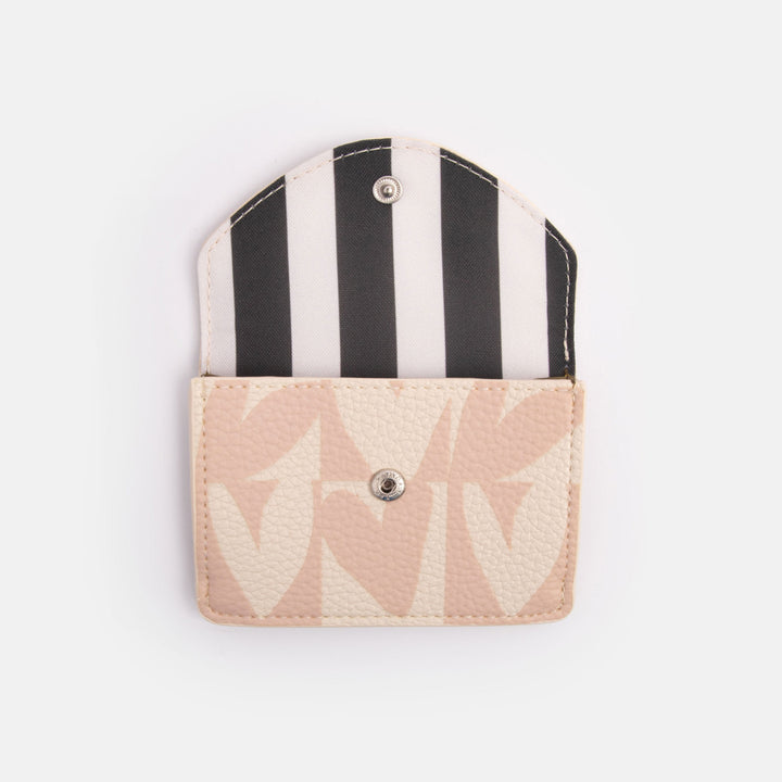 leather look PU envelope card holder purse with pink hearts print design, 3 card slots and internal pocket