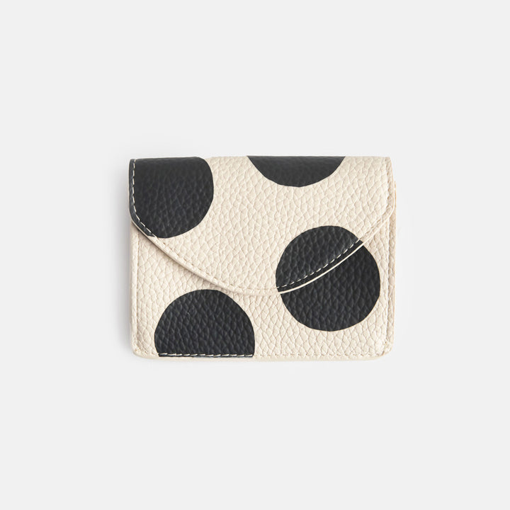 leather look PU envelope card holder purse with big monochrome dots print design, 3 card slots and internal pocket