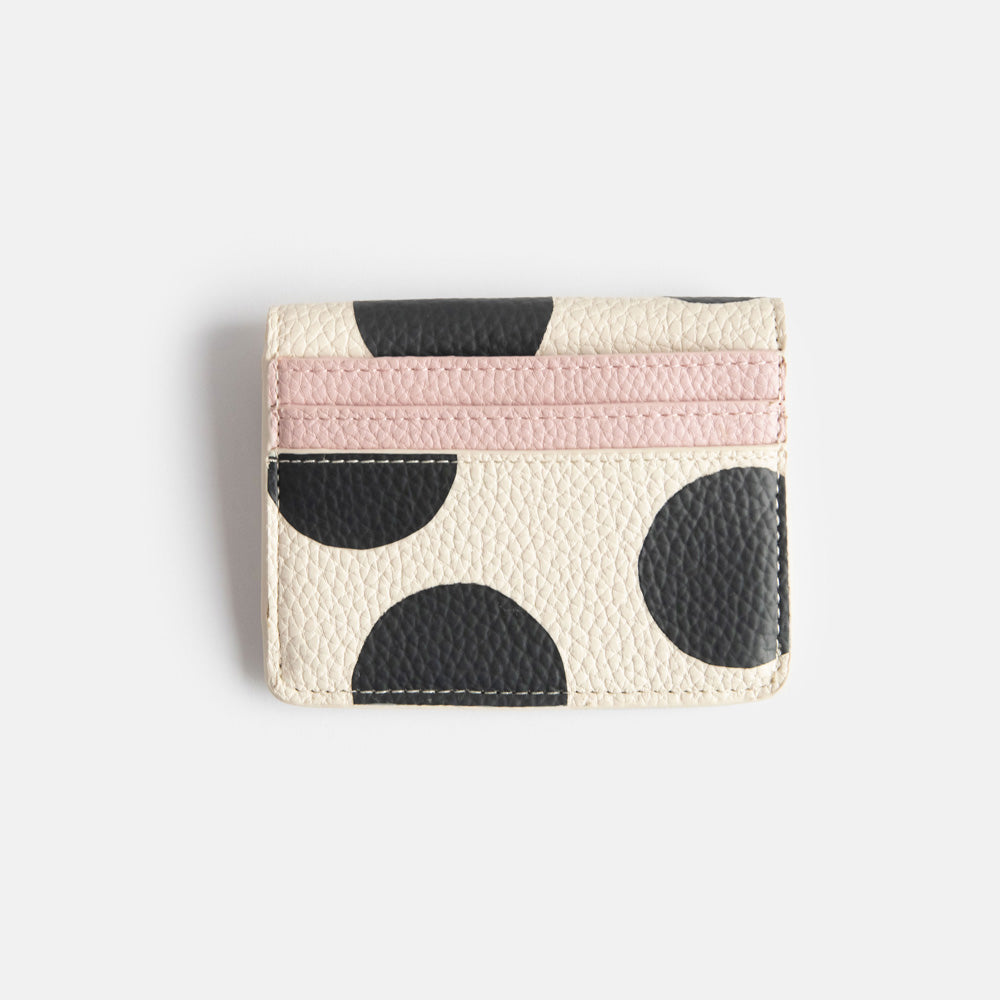 leather look PU envelope card holder purse with big monochrome dots print design, 3 card slots and internal pocket