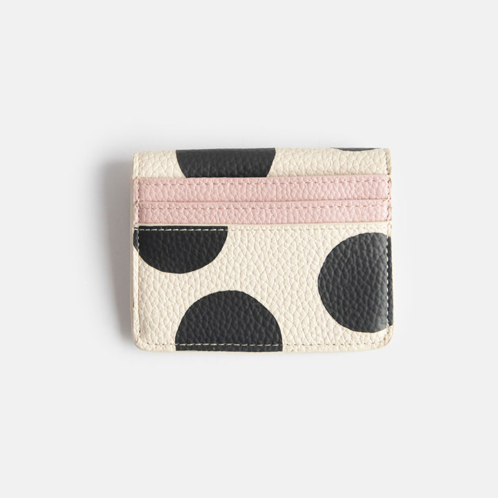 leather look PU envelope card holder purse with big monochrome dots print design, 3 card slots and internal pocket
