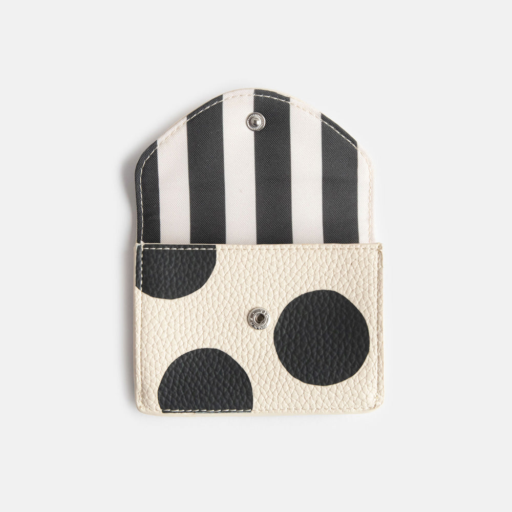 leather look PU envelope card holder purse with big monochrome dots print design, 3 card slots and internal pocket