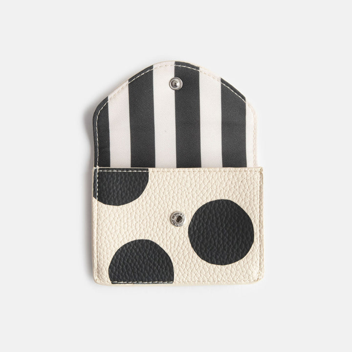 leather look PU envelope card holder purse with big monochrome dots print design, 3 card slots and internal pocket