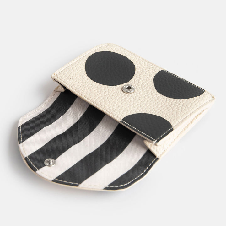 leather look PU envelope card holder purse with big monochrome dots print design, 3 card slots and internal pocket