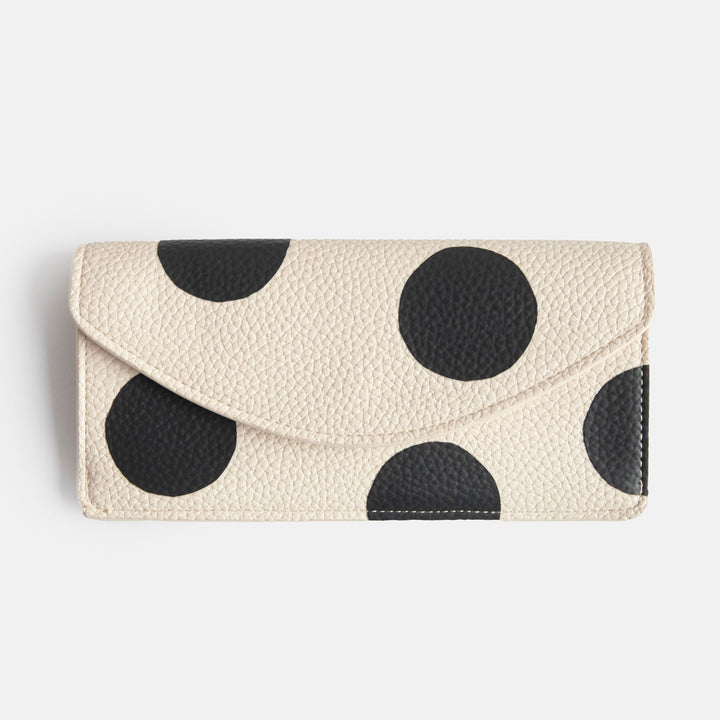 leather look PU long envelope card holder purse with big monochrome dots print design, 6 card slots and internal zipped pocket