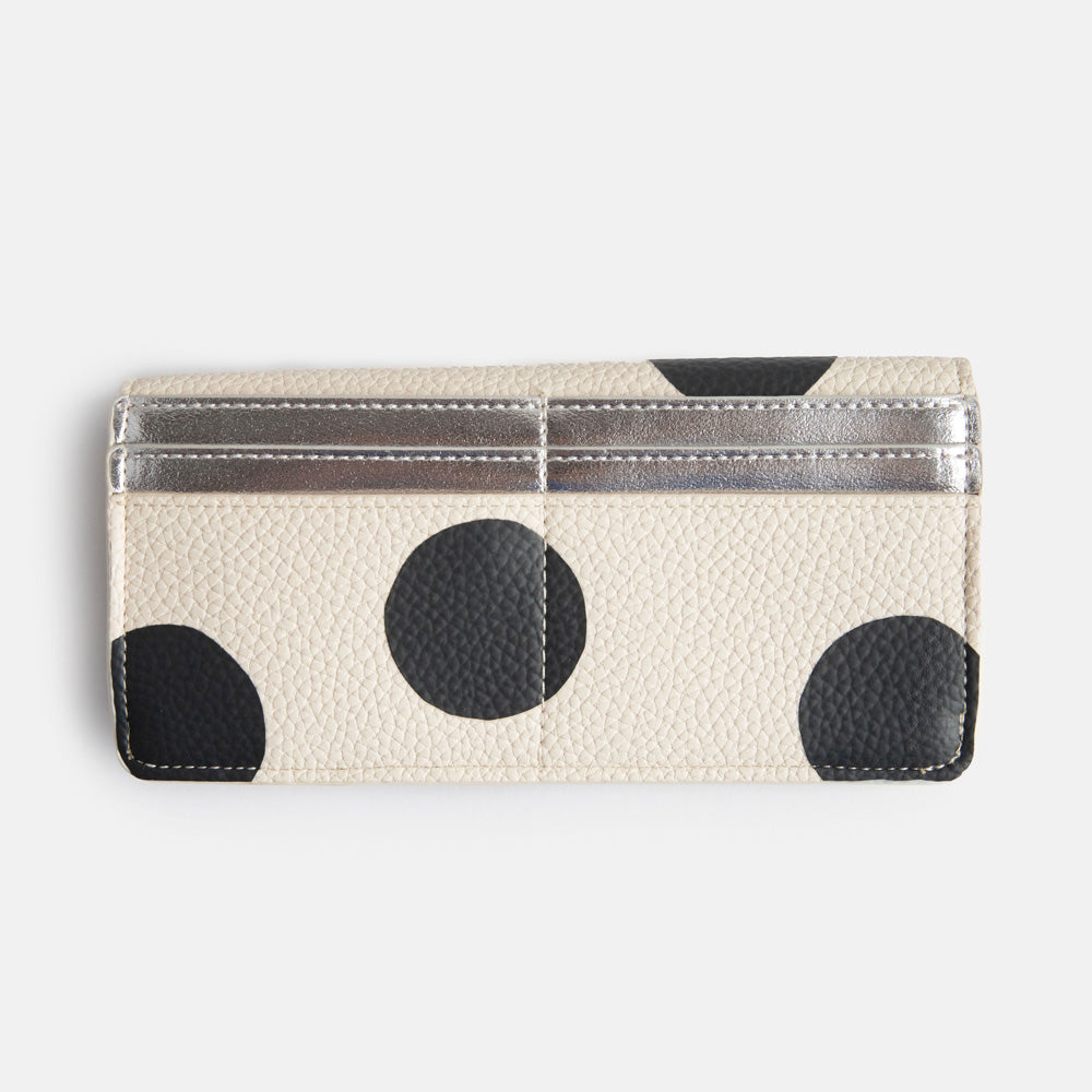 leather look PU long envelope card holder purse with big monochrome dots print design, 6 card slots and internal zipped pocket