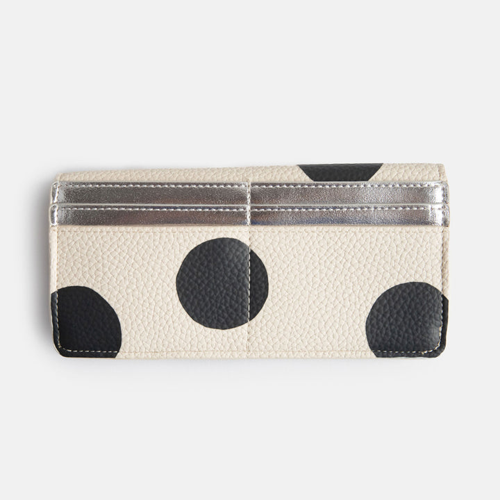 leather look PU long envelope card holder purse with big monochrome dots print design, 6 card slots and internal zipped pocket