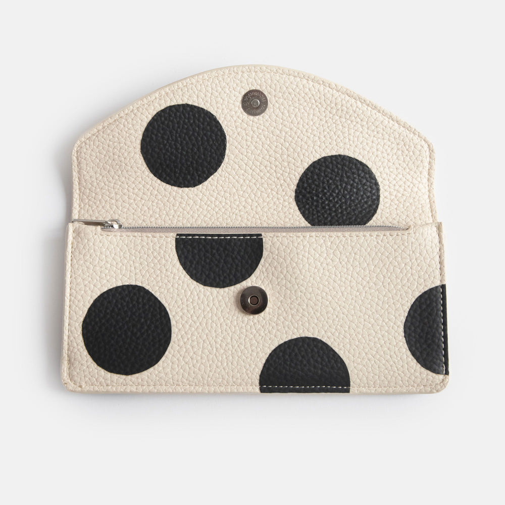 leather look PU long envelope card holder purse with big monochrome dots print design, 6 card slots and internal zipped pocket