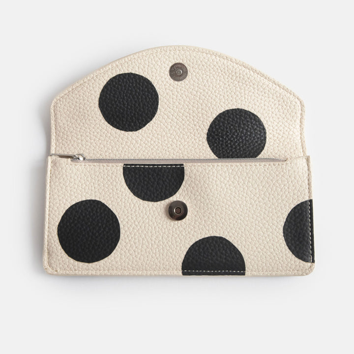 leather look PU long envelope card holder purse with big monochrome dots print design, 6 card slots and internal zipped pocket