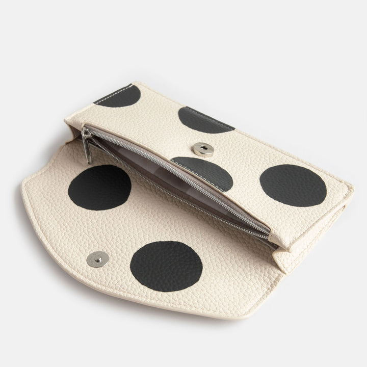 leather look PU long envelope card holder purse with big monochrome dots print design, 6 card slots and internal zipped pocket