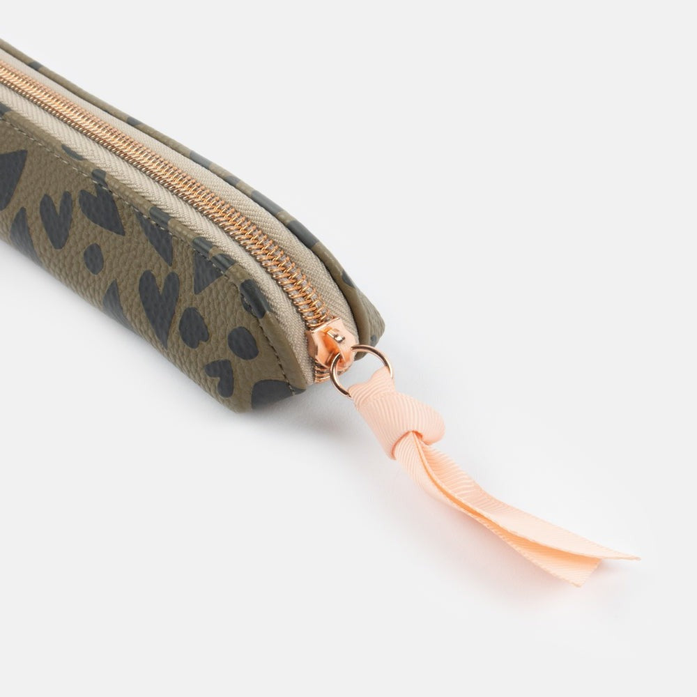 khaki and black hearts slim pencil case with gold hardware and pink ribbon pull