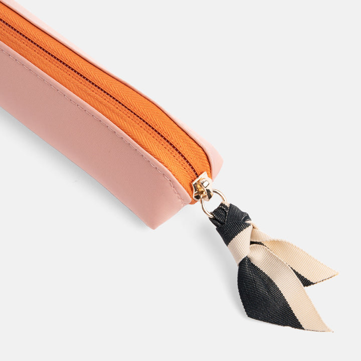 pink & orange padded nylon slim pencil case with heart print lining