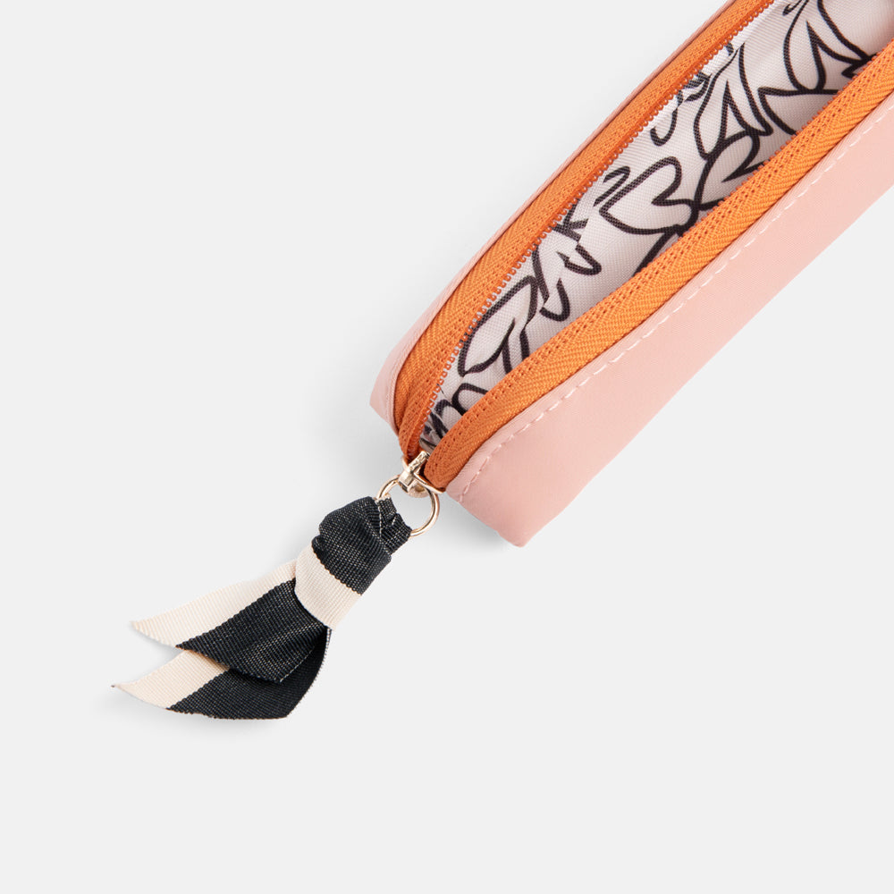 pink & orange padded nylon slim pencil case with heart print lining